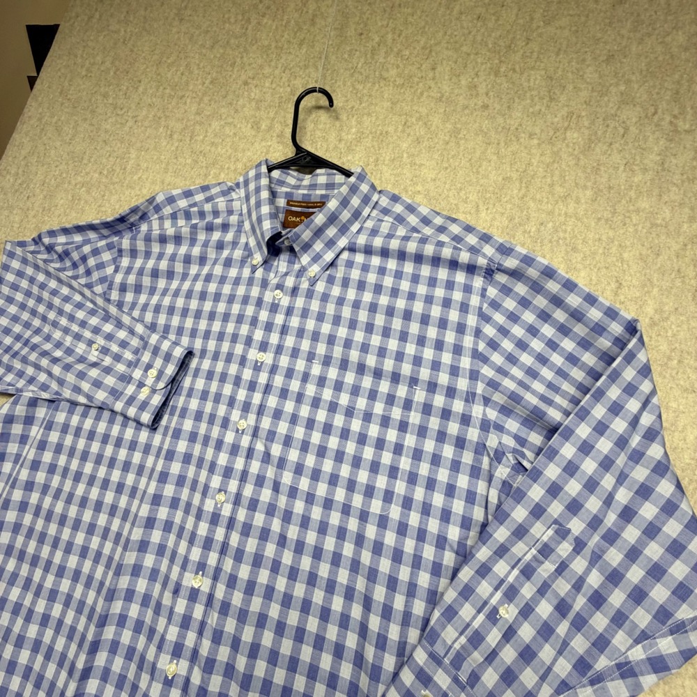Oak Hill Button Down Shirt Mens 2XL Blue Gingham Check Wrinkle Free Cotton Top